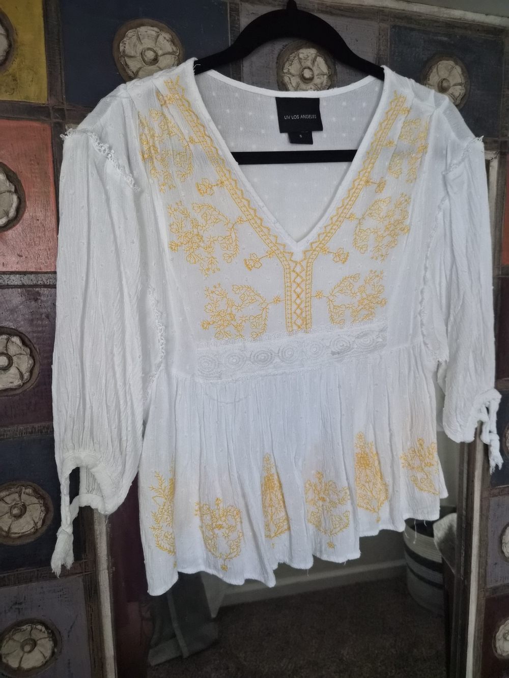 LV Los Angeles White Peasant Blouse with Yellow Embroidery